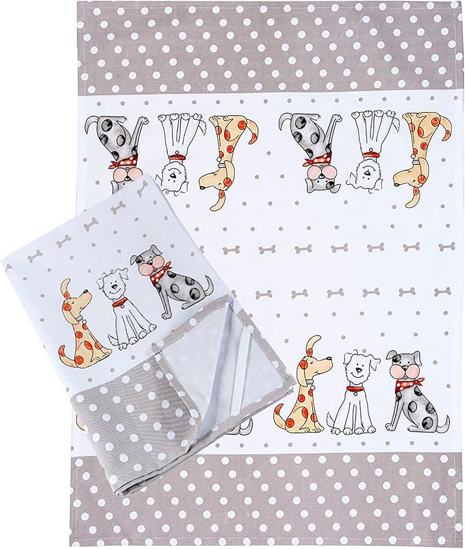 SPOTTED DOG GIFT COMPANY Dog Dish Towels, 2 Pack Decorative Kitchen Towels, 100% Cotton Absorbent Tea Towel Set for Drying Dishes, Animal Themed Kitchenware & Gifts for Dog Lovers 20"x28"