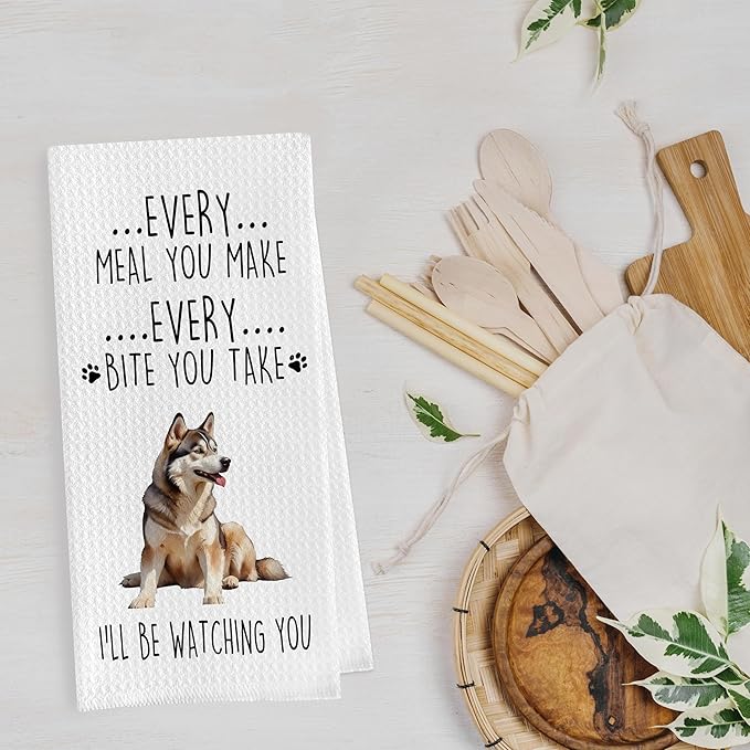 Funny Husky Dish Towels Set - Decorative Waffle Weave Kitchen Hand Tea Towels, Siberian Husky Gifts (1624 Inches, Set of 2)