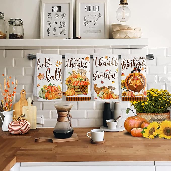 Hexagram Thanksgiving Kitchen Towels-Thanksgiving Kitchen Decor, Decorative Dish Tea Towels with Sayings-Fall Housewarming Gifts for Decorations, Turkey and Pumpkins Hand Towels Set of 4