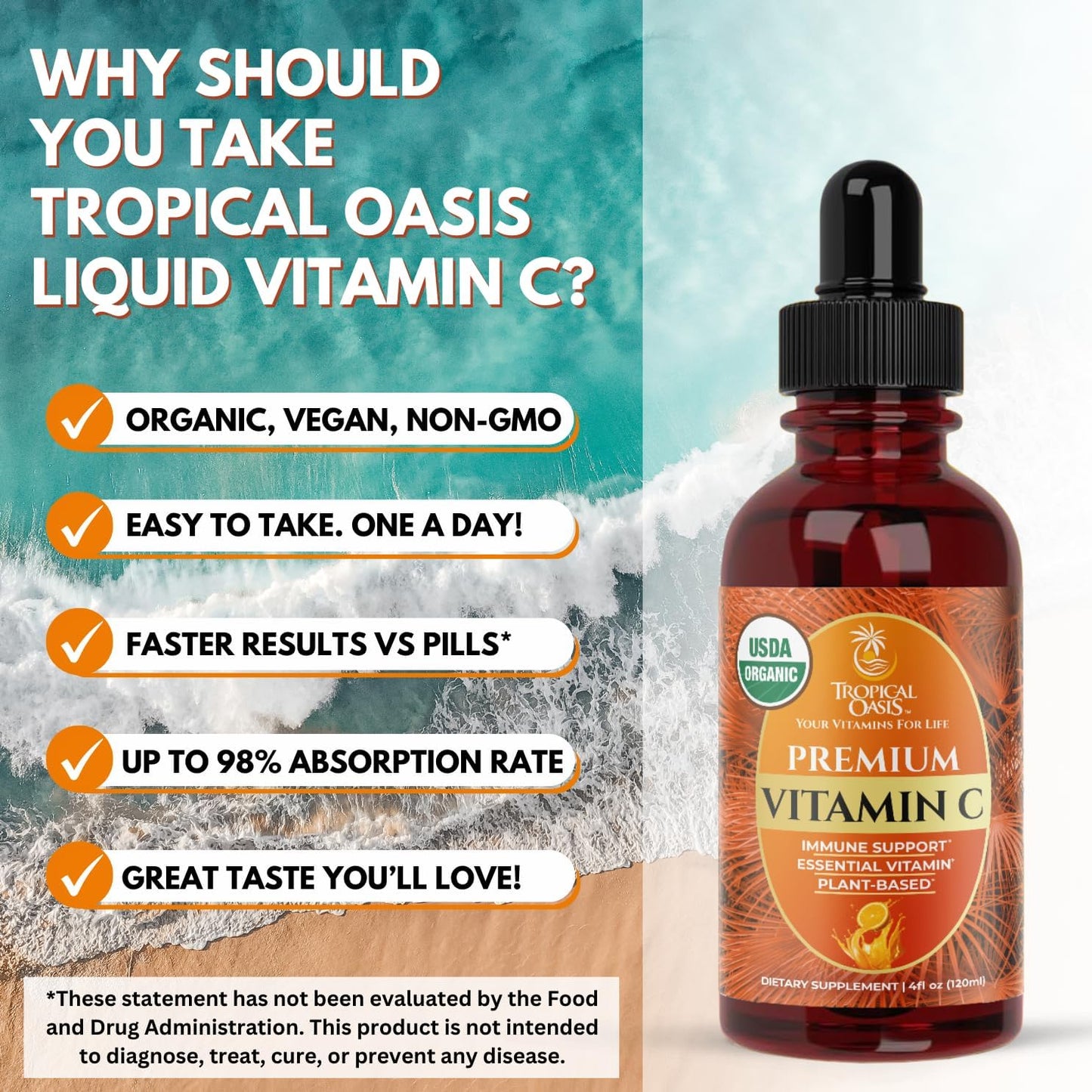 Tropical Oasis USDA Organic Liquid Vitamin C Drops for Adults & Kids | Supports Healthy Immune System | 98% Absorption Rate | Vegan | Non-GMO | Gluten Free | 60 Servings