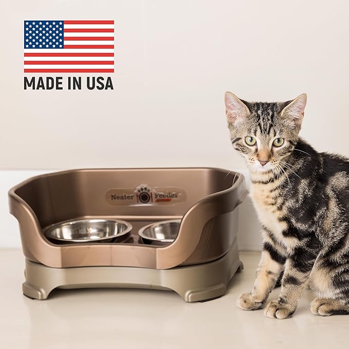Neater Feeder Deluxe Mess Proof Cat Bowls Elevated for All Breeds – Made in USA – No Spill Raised Bowls for Indoor Cats – Stainless Steel Food and Water Bowl Set, Pet Dish Feeding Station, Bronze