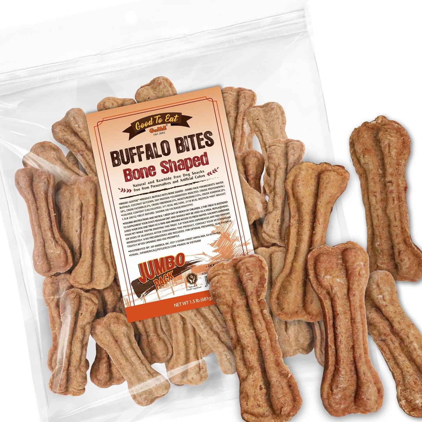 Gootoe Buffalo Dog Treats, Buffalo Bites Bone Shaped 1.5 lb Natural Low-Fat Chews for Training & Rewards, Limited Ingredient, Resealable Bag, Perfect for Small Dogs & Puppies