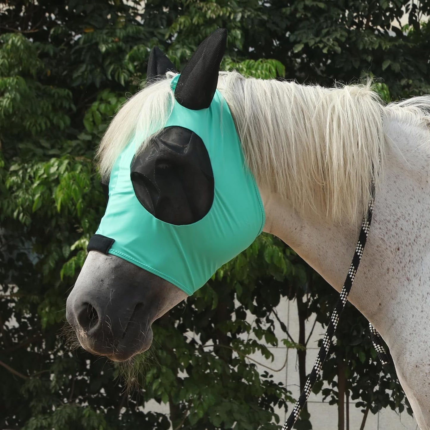 Horse Fly Mask with Ears - Large Eye Space for Full Vision, Breathable Stretch Comfort Fit, UV Protection, Forelock Opening, Easy Pull-On Green Full