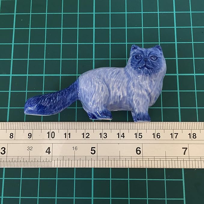 Ceramic Persian cat Figurine Dollhouse Delft Blue White Collectible Miniature Bonsai Garden Handmade Painted Gift no 3