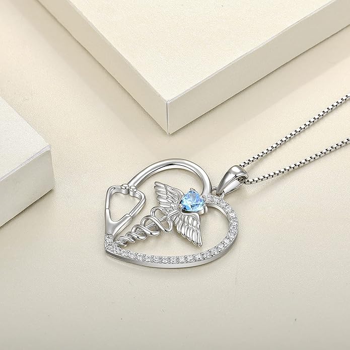 YL Caduceus Heart Necklace for Women Sterling Silver Doctor Nurse Themed Stethoscope Pendant Birthstone Angel Wings Snake Jewelry
