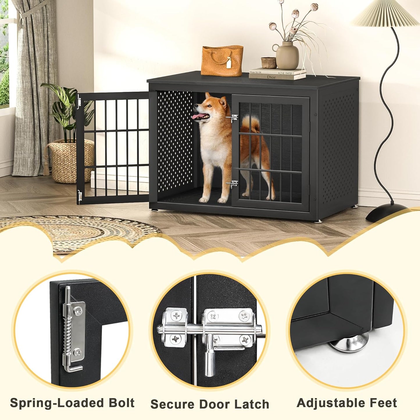 38" Heavy Duty Dog Crate Furniture for Large and Medium Dogs,Wooden Metal Kennel for High Anxiety Dogs, Chew Proof Pet Cage Indoor, Decorative Dog Kennel End Table