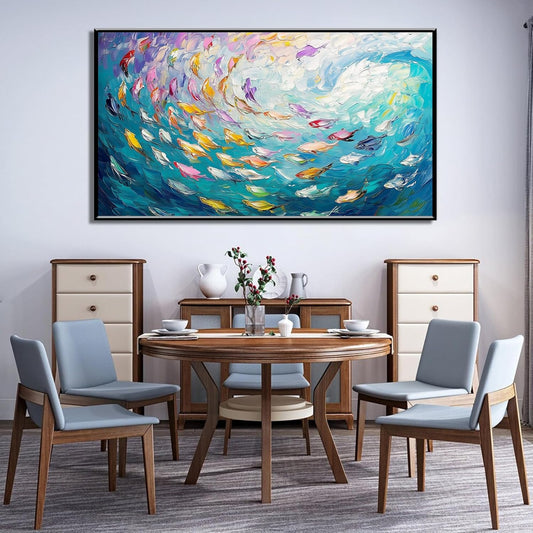 Fish Canvas Wall Art, Abstract School of Fish Canvas Wall Art, School of Fish Painting Canvas, School of Fish Wall Art, Fish Wall Decor, Fish Pictures Wall Decor, Bedroom Canvas Wall Decor (Black Framed, 23"x13" | 60x35cm)