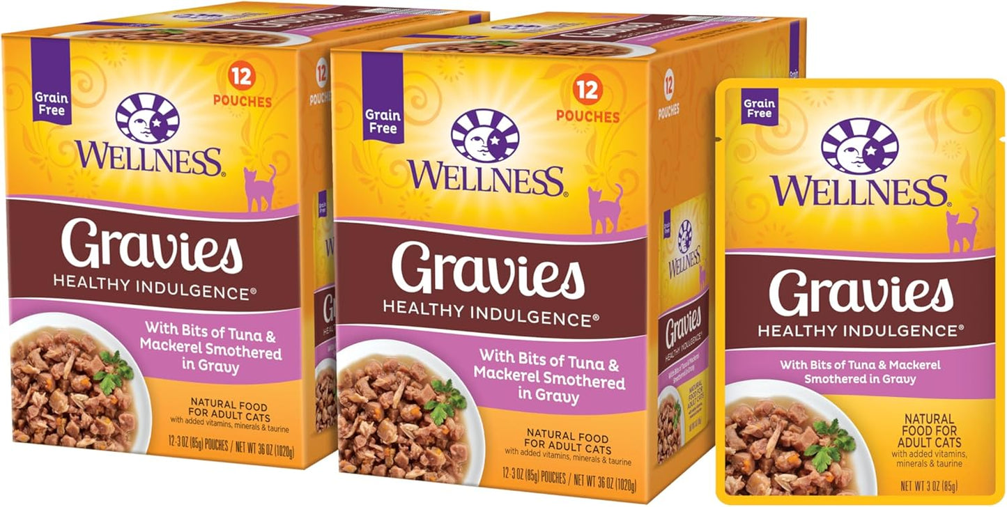 Wellness Healthy Indulgence Gravy Adult Wet Cat Food, Natural, Protein-Rich, Grain Free, 3 Ounce Pouch, 24 Pack, (Tuna & Mackerel)