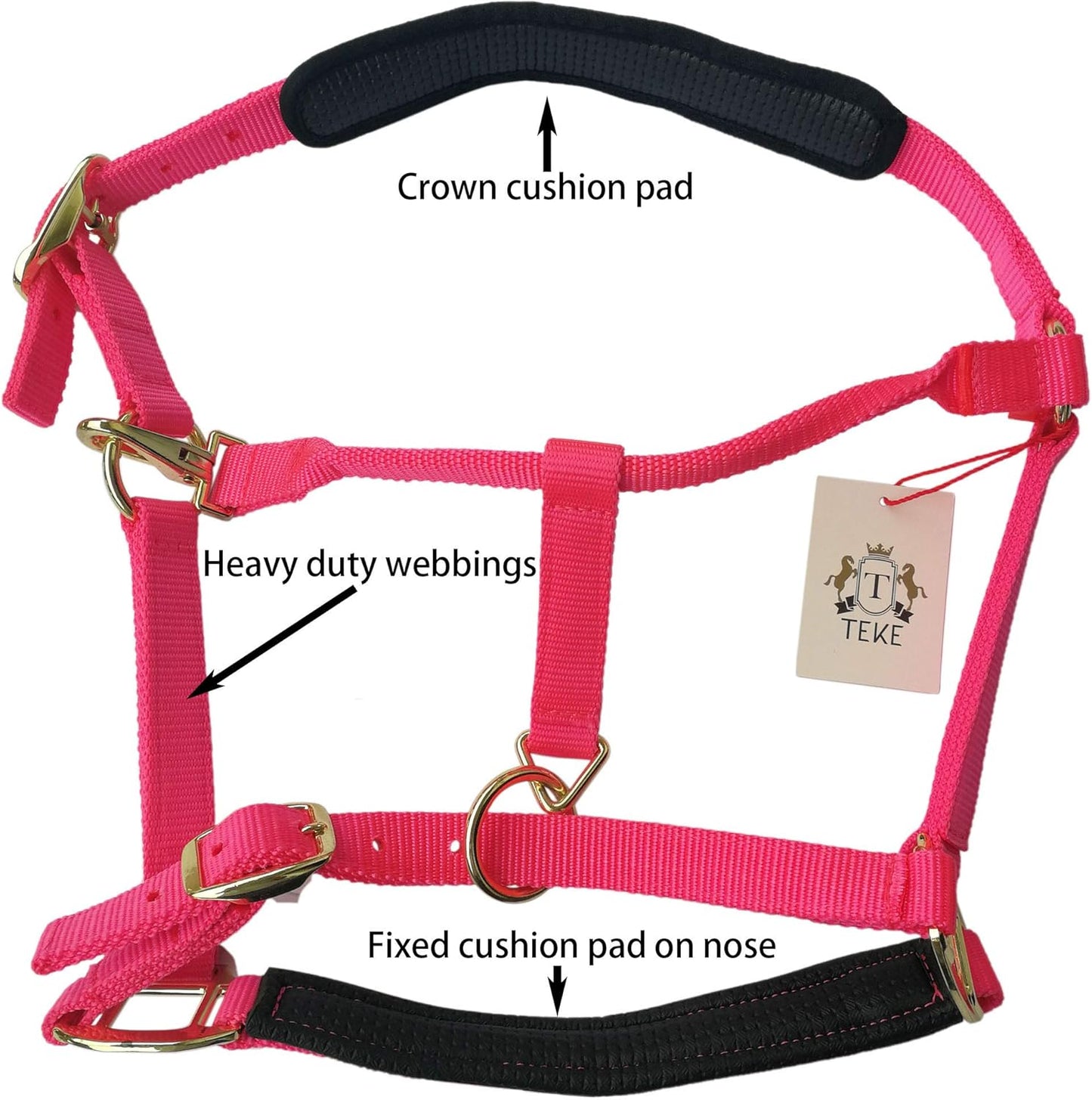 T TEKE Adjustable Horse Halters by Heavy Duty Soft Nylon, Padded with Anti-rubbing Waffle Neoprene on Both Crown & Nose