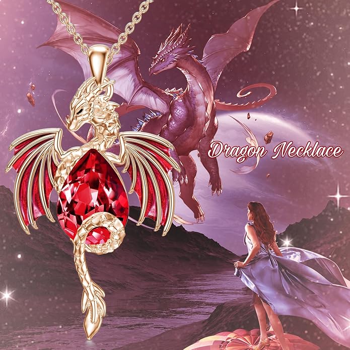 Dragon Necklace for Men Sterling Silver Birthstone Wyvern Necklace Embllished with Teardrop Shaped Crystal Jewelry for Women