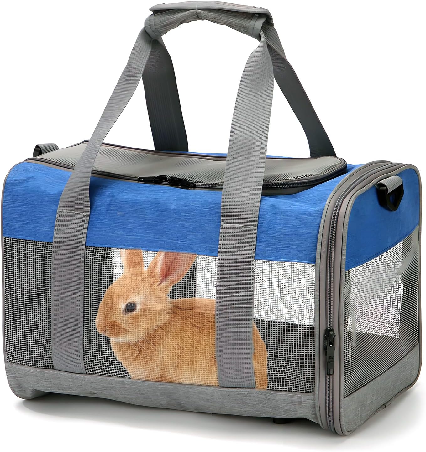PINVNBY Bunny Carrier for Travel Camping Outdoor, Small Pet Carrier, Guinea Pig Carrier, Breathable Pet Portable Hand Bag for Hamster Bunny Guinea Pig (Blue & Gray)