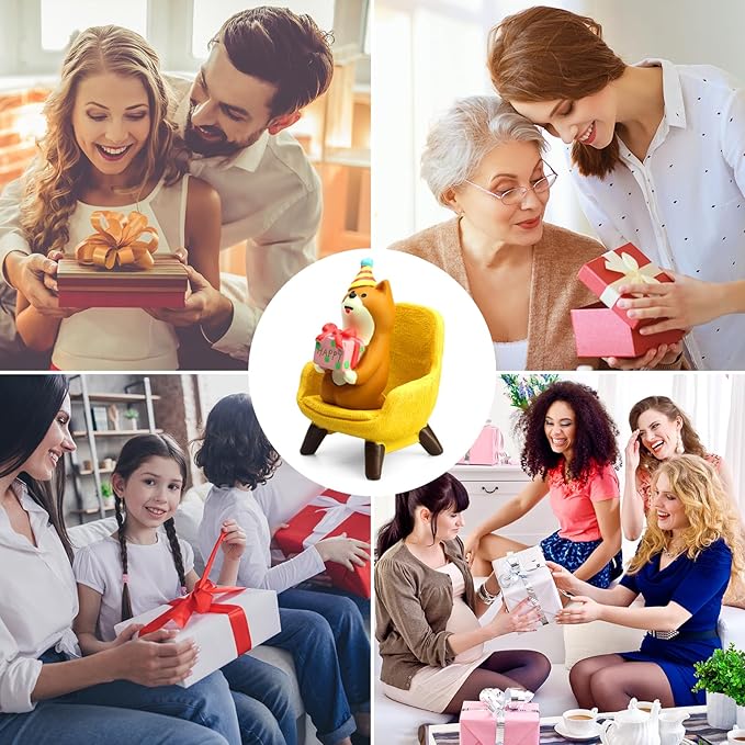 Cute Mini Puppy Holding Gift Figurine - Resin Dog for Office, Home Decoration for Dog Lovers - Yellow Sofa