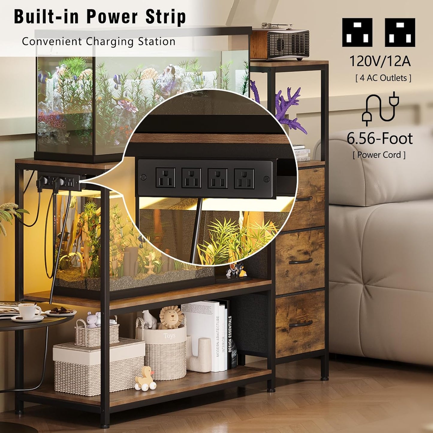 20 Gallon Aquarium Stand with Power Outlets Fish Tank Stand with 3 Drawers Metal Frame Heavy Duty Reptile Tank Stand with 3-Tier Storage Shelves,Left/Right Assembly, Adjustment Height