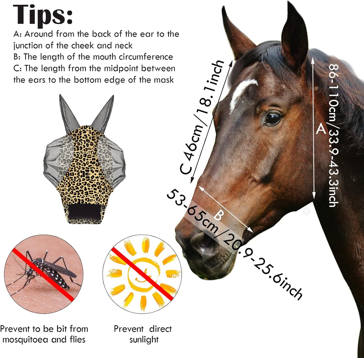 Chunful 6 Pcs Horse Fly Masks with Ears Smooth and Comfortable Cashel Mesh Fly Mask Elasticity Breathability UV Protection Horse Face Covering for Riding Supplies(Leopard,Large)