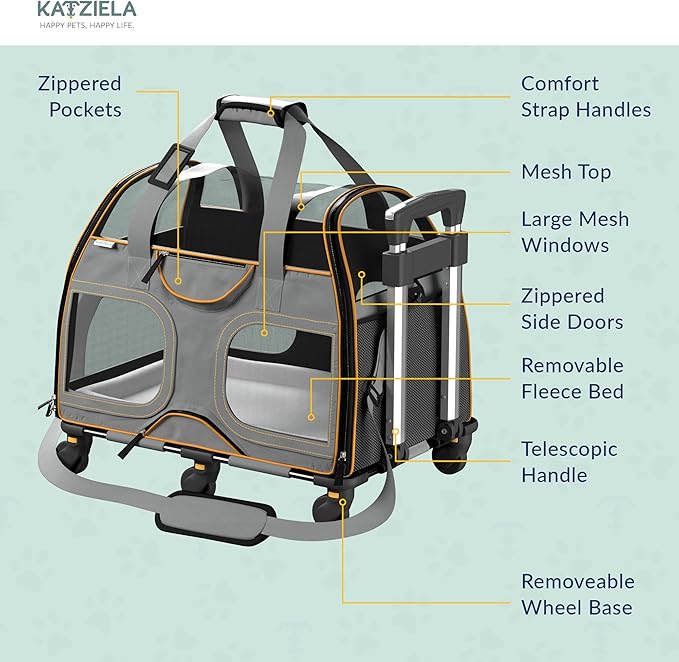 Katziela Rolling Pet Carrier - Airline Compliant with Removable Wheels - TSA Approved for Small Dogs and Cats - Soft FAA Travel Airplane Underseat Wheeled Luggage