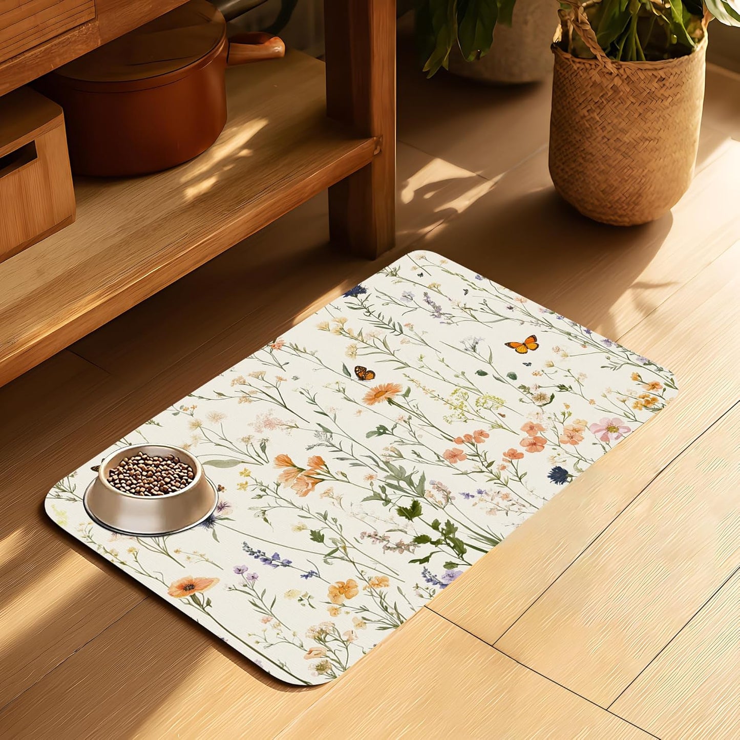 Vintage Wildflowers Herbs Pet Feeding Mat for Floors-Absorbent Dog Bowl Mat for Food and Water, Quick Dry Pet Cat Feeding Mats with Non Slip Bottom, Mess-Free Dog Accessories 12"x20"