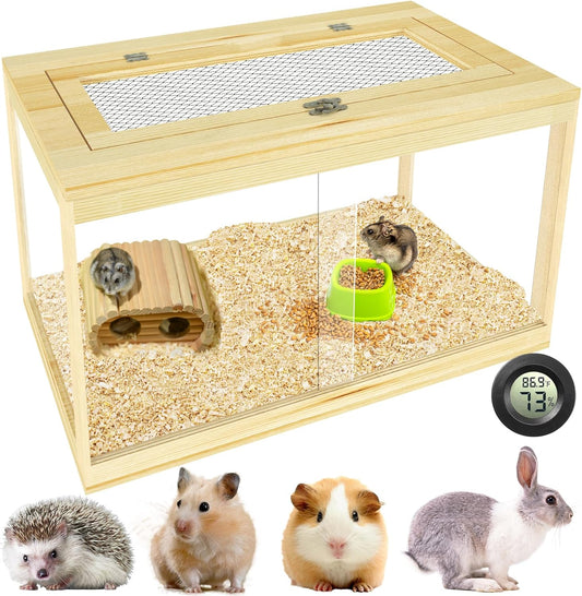 24" Hamster Cage, Lockable Sliding Door Gerbil Cage, Dwarf Hamster Cage with Metal Mesh Roof, Mice and Small Animal Habitat, Chewproof Syrian Hamster Enclosure, (Wooden, 24" L x 16" W x 16" H)