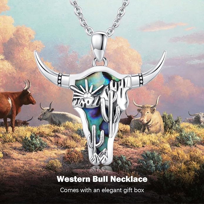Midir&Etain Western Necklace 925 Sterling Silver Turquoise Pendant Cow Skull/Hat/Tag/Cactus Cowgirl Country Jewelry for Women Men
