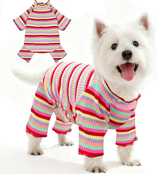 BAEJMJK Striped Dog Pajamas Stretchy Cute Four-Legged Boy Girl Dog Clothes with Sleeves Comfortable Dogs Jumpsuit Colorful Pet Puppy Outfits Apparel for Small Medium Dogs Cats(Red,Medium)