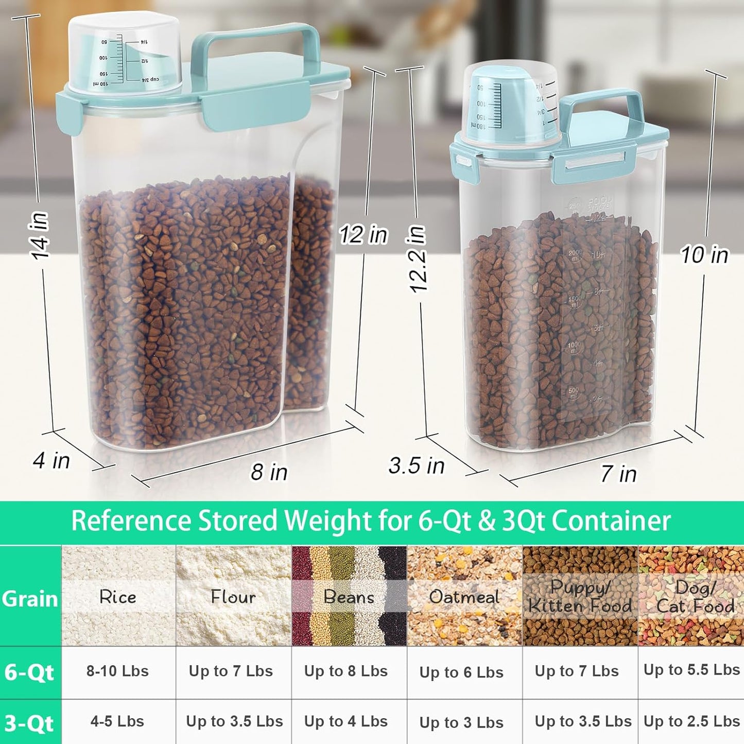 TBMax Rice Container 2 Pack, Airtight Cereal Container Oatmeal Storage with Easy-pouring Spout & Handy Cup for Flour Grain Beans, Pet Dog Cat Bird Food Storage Dispenser-Sky Blue