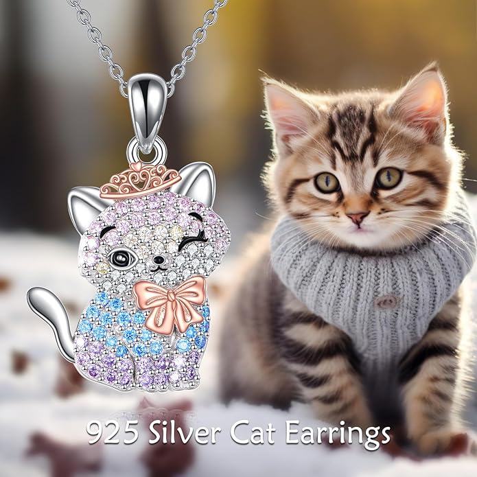 Cat Necklace Sterling Silver Cat Pendnat with Rose Quartz Pearl Jewelry Gifts for Women Cat Lovers