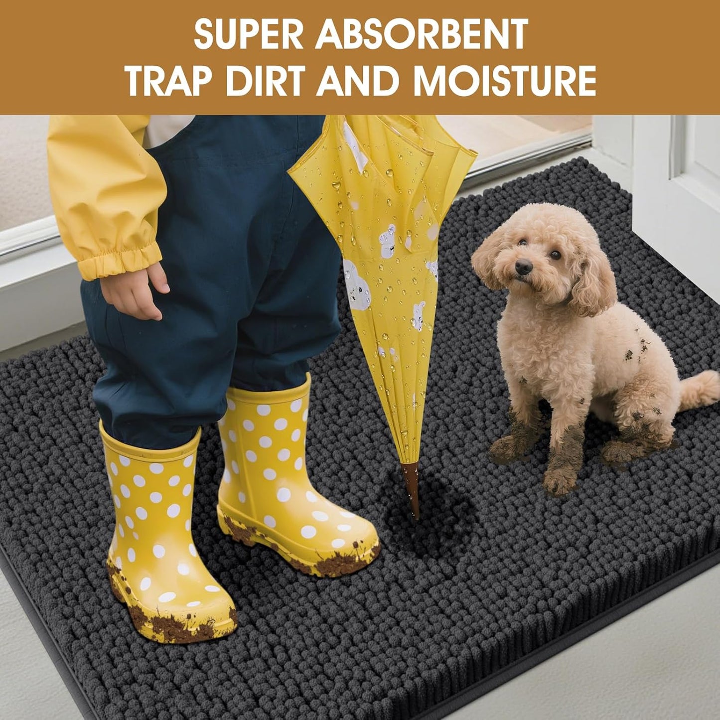 Dog Door Mats for Muddy Paws, Chenille Absorbent Door Mats, Non Slip Heavy Mud Mat for Dogs, Soft Indoor Door Mat for Entryway, Mud Paws, Inside Floor,36" X 24", Dark Grey