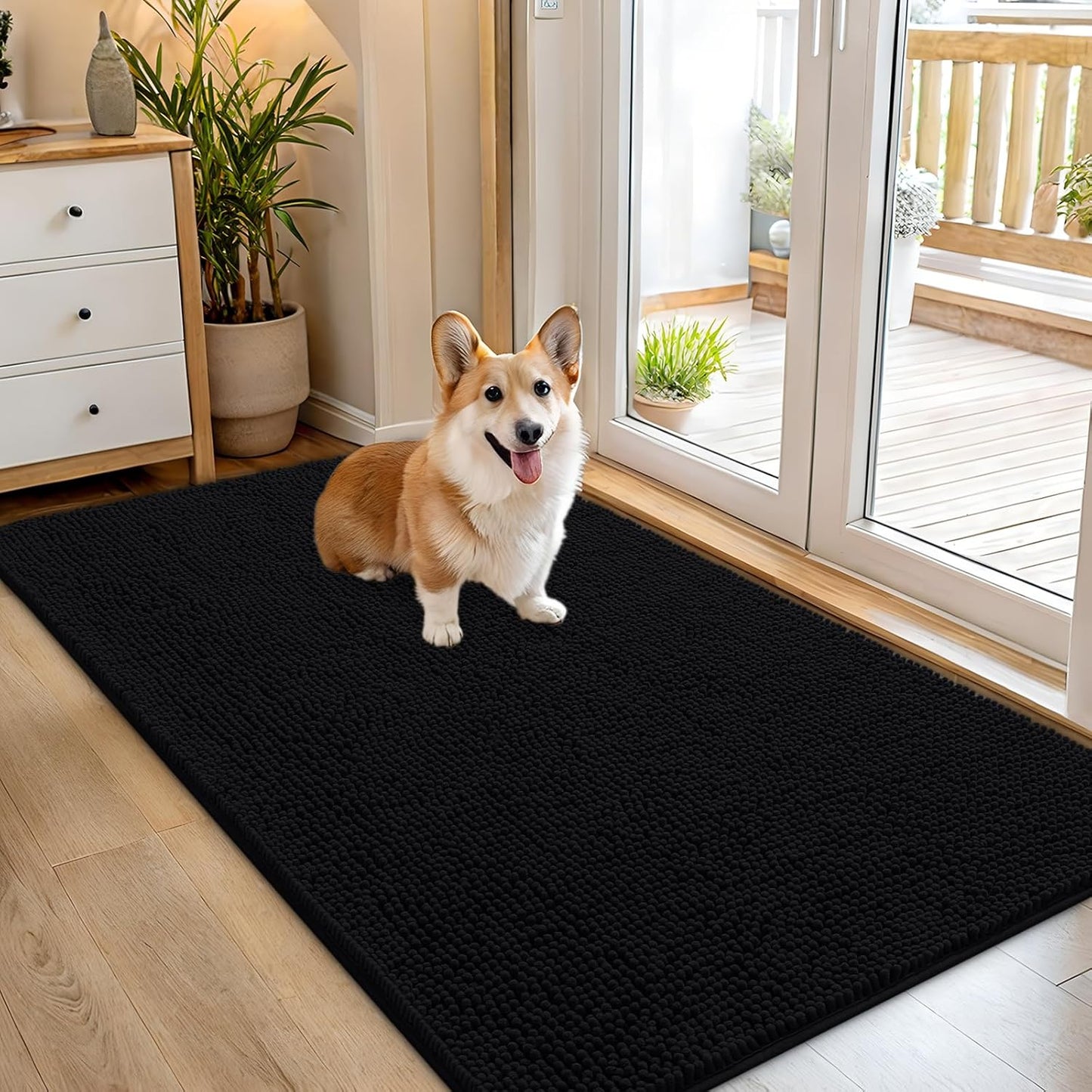 OLANLY Dog Door Mat for Muddy Paws 54x32, Absorbs Moisture and Dirt, Absorbent Non-Slip Washable Doormat, Quick Dry Chenille Mud Mat for Dogs, Entry Indoor Entryway Carpet for Inside Floor, Black