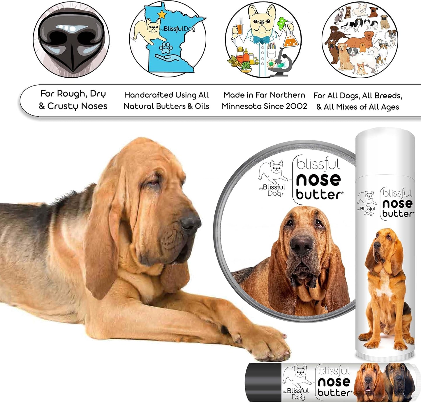 The Blissful Dog Bloodhound Nose Butter for Dry, Cracked Skin, Lick-Safe Dog Nose Balm with Moisturizing Shea Butter, Almond, Olive, and Essential Oils, Pet Supplies, Uncented, 0.50 oz.