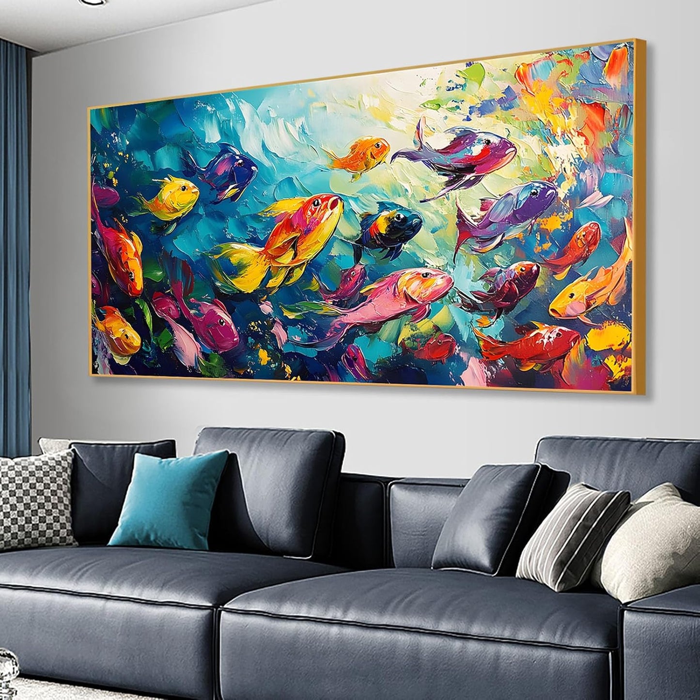 School of Fish Printed Canvas Wall Art – Framed Abstract Ocean Print – Vibrant Fish Wall Decor for Living Room, Bedroom, Office (Gold Framed, 39"x19"|100x50cm)