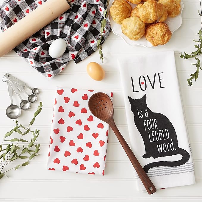 DII Valentine's Day Collection Kitchen, Dishtowel Set, 18x28, Cat Love, 3 Piece