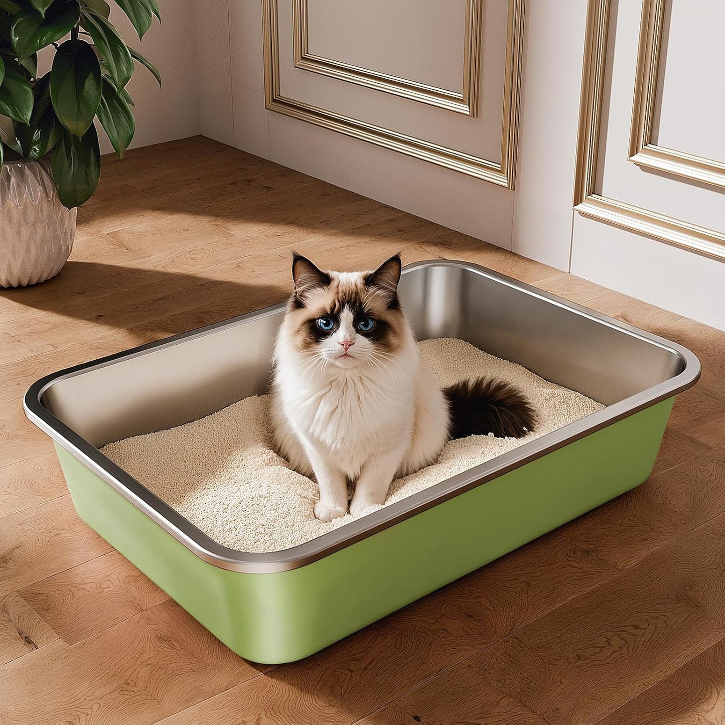 Stainless Steel Litter Box, Large Metal Cat Litter Box with High Sided for Big and Small Cats, Non-Stick, Easy to Clean, Odor-Free, 19.5" L×13.6" W×3.9" H, Leaf Green