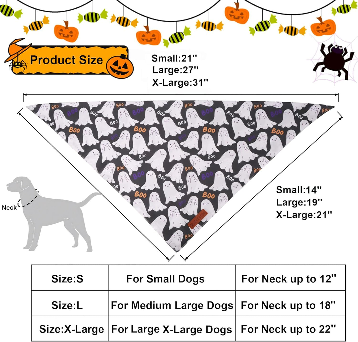 ADOGGYGO Halloween Dog Bandanas, Ghost Pumpkin Witch Scarf, Multi Size, Black Orange Halloween Bandanas for Extra Large Dogs Pets (X-Large)