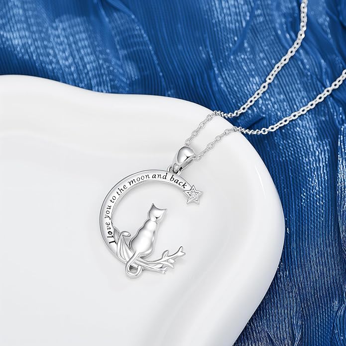 Cat Necklace S925 Sterling Silver Pendant Necklaces for Women Cat Jewelry Mothers Day Christmas Gift for Mother Daughter and Friends