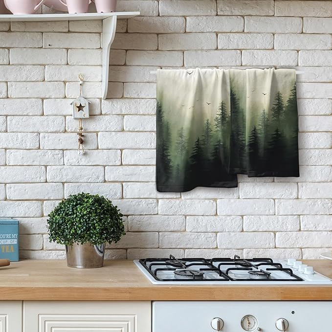 Green Misty Forest Hand Towels Set of 2 Mountain Woodland Soft Guest Face Bath Towel Bathroom Decorations Thin Kitchen Tea Dish Towels