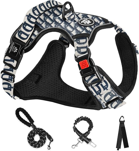 NESTROAD No Pull Dog Harness,Adjustable Oxford Dog Vest Harness with Leash,Reflective No-Choke Pet Harness with Easy Control Soft Handle for Large Dogs(Large,Vintage Blue)