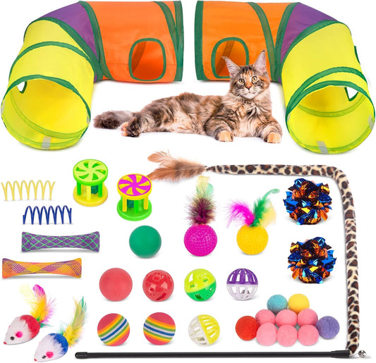 Retro Shaw Cat Toys Kitten Toys, Interactive Cat Tunnels Toy for Indoor Cats Kitty, Kitten Tube Tent Feather Wand Teaser Bell Fuzzy Ball Springs Mouse (33 Pcs Large Cat Tunnel Toys Set)