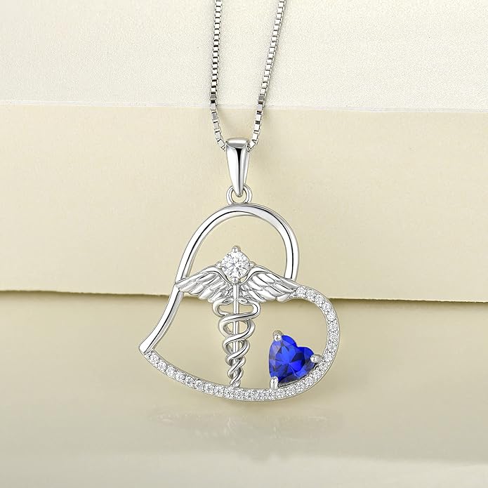 YL Caduceus Heart Necklace Sterling Silver Doctor Nurse Themed Pendant Gemstones Angel Wings Snake Jewelry for Women