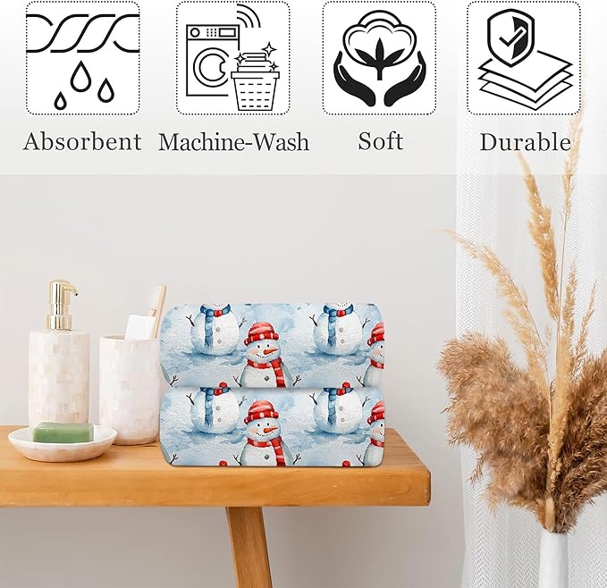 Christmas Snowman Bathroom Hand Towel Set of 2,Cute Winter Snowmans Soft Absorbent Decorative Fingertip Kitchen Towel for Bedroom Kitchen Hotel Home Deco