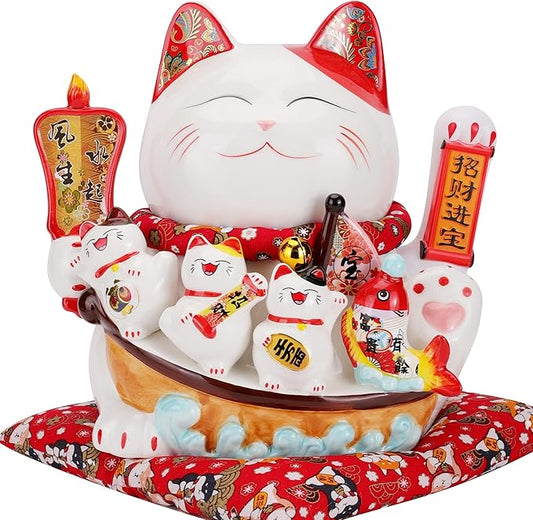 Large Ceramic Maneki Neko Beckoning Lucky Money Cat Waving Arm Good Feng Shui Fortune Happy Smiling Cat Figure 特大招財貓- 生意兴隆