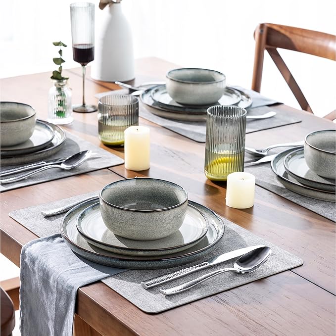 GBHOME Ceramic Dinnerware Sets for 8, 24 Pieces Stoneware Plates and Bowls Sets, Scratch Resistant Dishes, Dishwasher & Microwave Safe, Reactive Glaze-Green Wheat