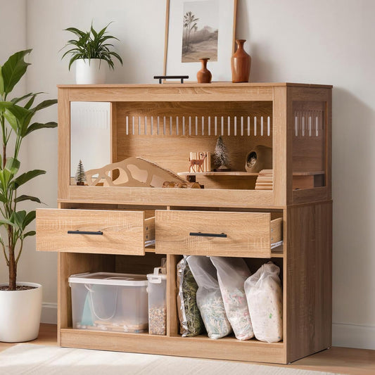 Mewoo Large Hamster Cage, Hamster Cage with Storage Cabinet, Large Habitats Hamster House with View Acrylic Panels and Drawer, Small Animal Cage for Guinea Pig, Rat, Hedgehog, Ferret