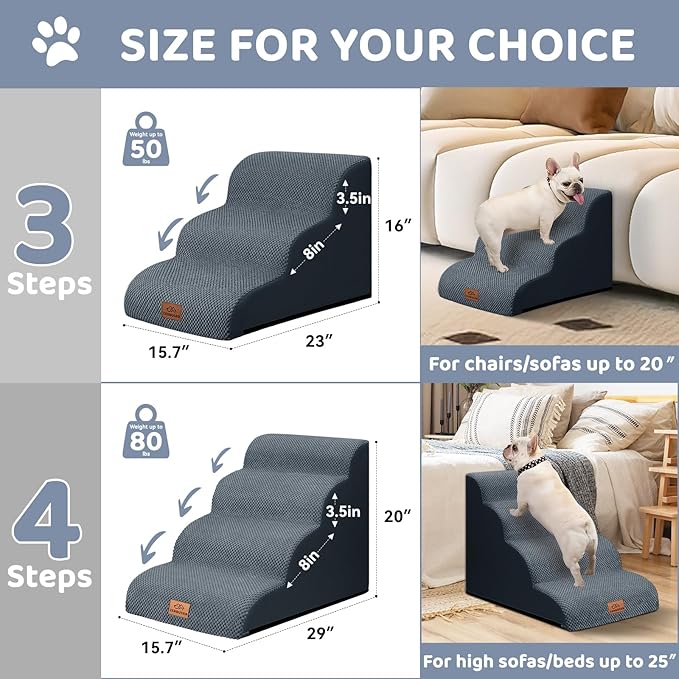 Dog Ramp and Stair for Bed 16" H-20 H,3-Step Cat Stair for Sofa and Chair,4-Step Dog Ramp for High Bed and Window,Durable Nonslip Fabric Cover for Indoor (Dark Grey-16 H, Pet Friendly, 3)