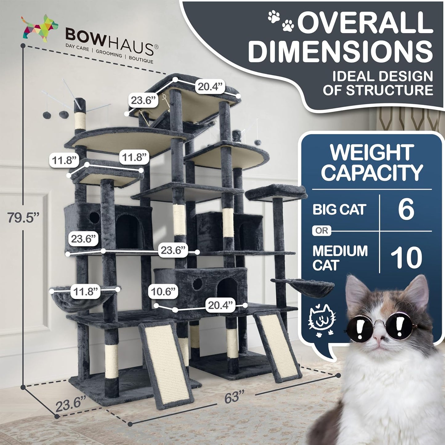 Extra Large 80-Inch Tall Cat Tree w/Widened Perch for Large Cats, Big Cat Tower Indoor, Modern Multi-Level Activity Tower with Scratching Posts, Condos, Baskets, Hammock, Scratching Ramps