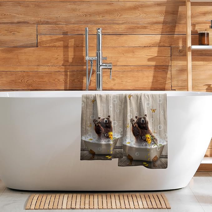 Giwawa Funny Bear Hand Towels Set of 2 Brown Bathtub Decorative Bath Towel Soft Absorbent Towel for Bathroom Kitchen Dish Spa Yoga 14"x28"