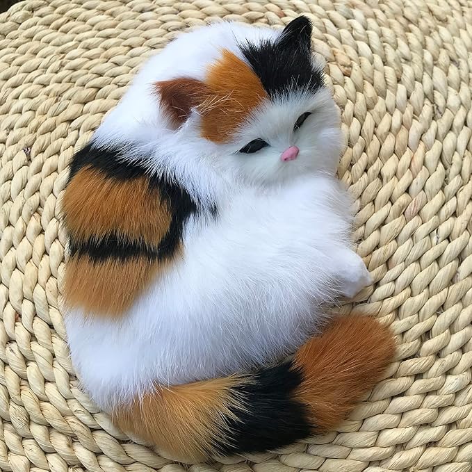 Realistic Plush Baby Calico Cat Figurine - Fluffy Decor for Home & Office Synthetic Kitten, Photo Props, Collectible Gift House Animal Kitty Replica