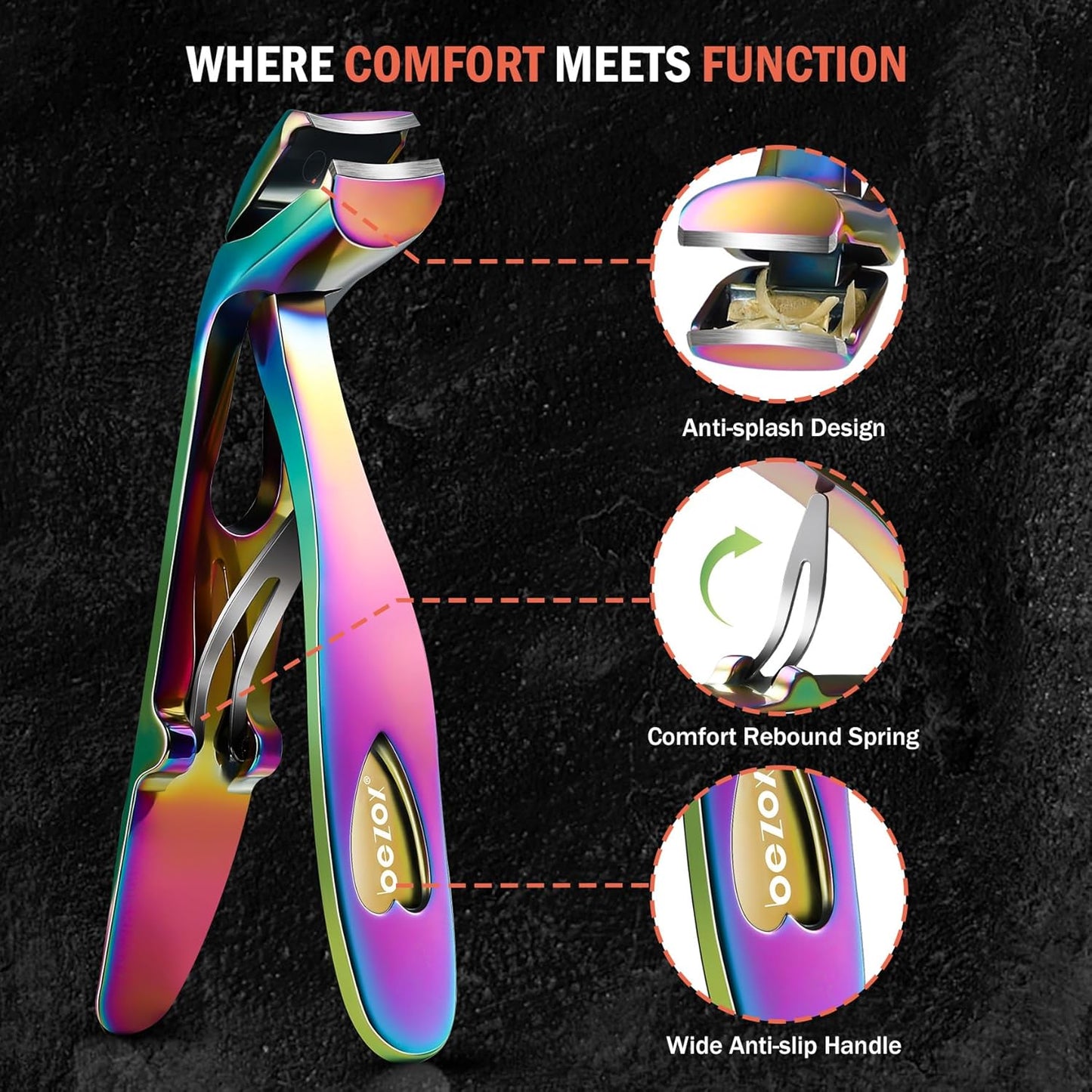 BEZOX Angled Head Toe Nail Clippers for Seniors - Ergonomic Toenail Clipper for Thick Nails for Elderly, Finger Nail Clippers with Catcher for Men and Women - Rainbow