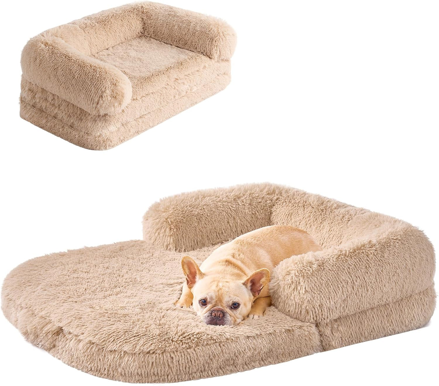 EHEYCIGA Foldable Dog Bed, Faux Fur Fluffy Dog Couch Bed, Orthopedic Calming Memory Foam Pet Bed for Small Dogs, Washable Soft Warm Pet Sofa Bed with Non-Slip Bottom, Camel, 40"x30"x6"