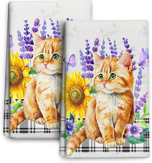 Cute Cat Kitchen Towel Decorative Set of 2, Funny Hand Towels, Sunflower Spring Summer Dish Towels for Kitchen Drying Bathroom Farmhouse Bar Home Decor, Gifts for Cat Loves Women