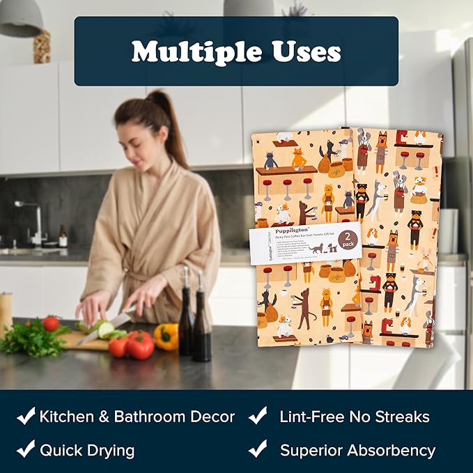 Dog and Cat Kitchen Towels - Dog and Cat Dish Towels for New Home Decorations - Gifts for Dog Moms and Cat Dads (Coffee Lovers)