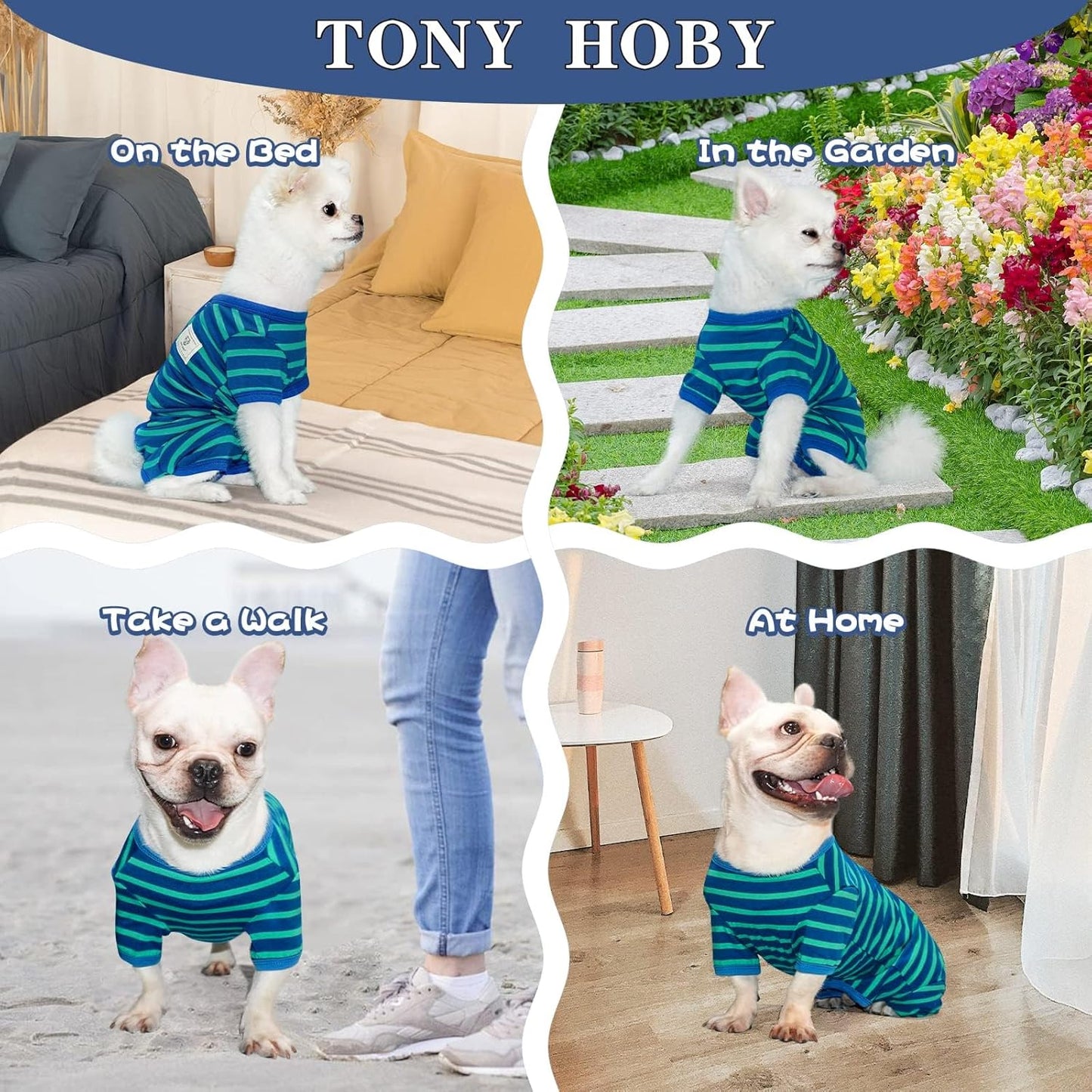TONY HOBY Dog Pajamas for Female/Male, Dog Jumpsuit with Stripes for Small Medium Dogs, Soft and Comfortable 4 Legged Pajamas Dogs Clothes (Blue&Green, Boy, L)
